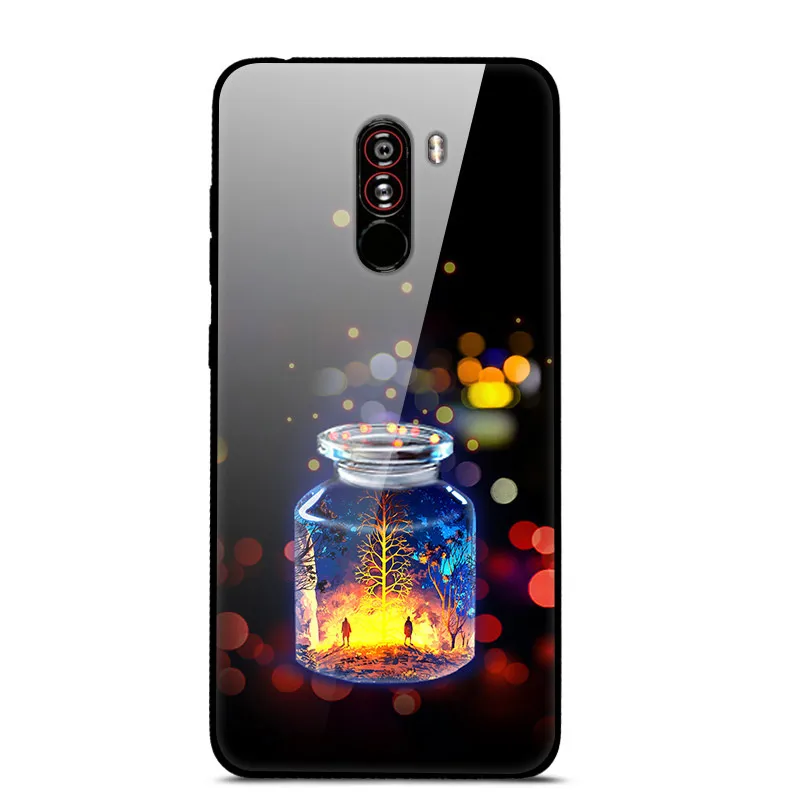 Розово-красный Чехол для Xiaomi Pocophone F1, закаленное жесткое заднее стекло, чехол для Xiaomi Poco F1, силиконовый мягкий бампер, чехол с принтом - Цвет: Розово-красный