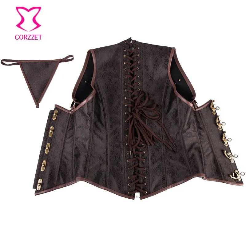 Готический Воротником Топ Браун Стимпанк Корсет Под Грудью Куртка Жилет Плюс