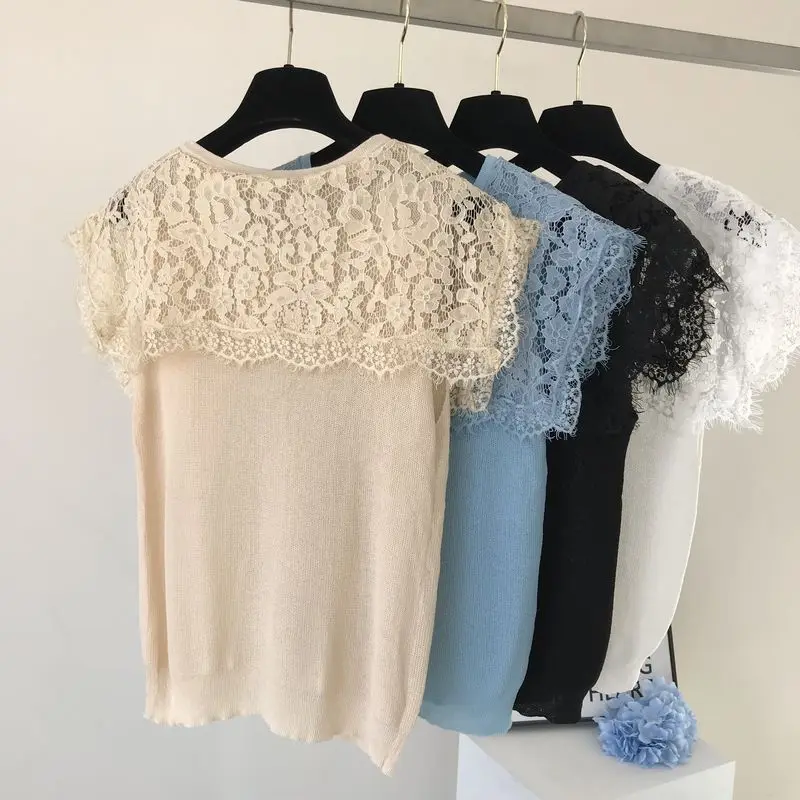 ALPHALMODA Летний Женский вязаный кардиган с кружевным воротником, однобортный кружевной кардиган в стиле пэчворк, милая Повседневная летняя одежда