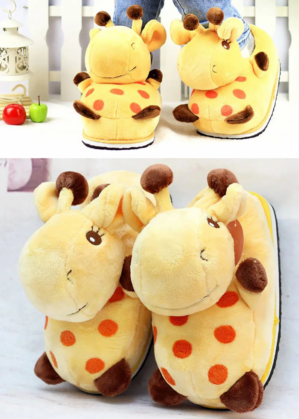 Милые плюшевые домашние туфли в желтый горошек с изображением жирафа Модные