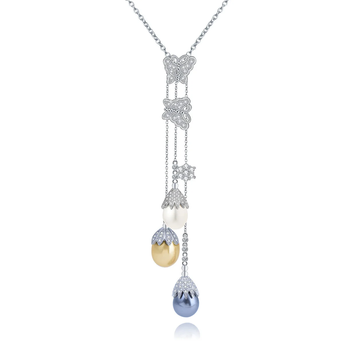 Sweet Elegant Silver Color Chain Butterfly Tassel Pendant Colorful Pearl Necklaces for Women Sweater Necklace|Ожерелья с подвеской|