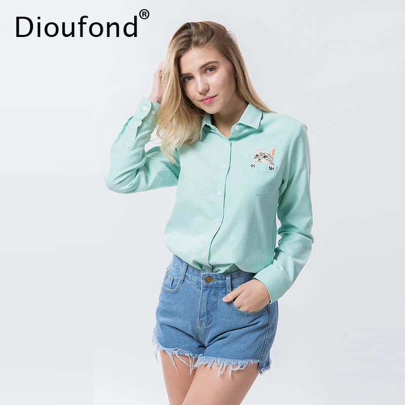 Dioufond кошка вышивка с длинным рукавом женщины блузки и рубашки белый синий женщины дамы повседневная рубашка топы плюс размер blusas блузка