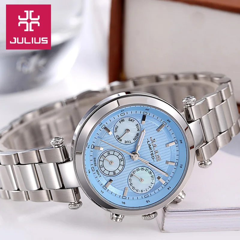 Женские часы Julius 2017 с хронографом из нержавеющей стали 3 циферблата