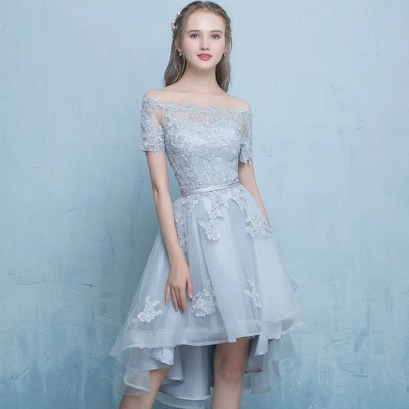 Lamya, сексуальные, высокие, низкие, элегантные вечерние платья, принцесса, vestido de festa, кружевное платье размера плюс, короткое, спереди, длинное, сзади - Цвет: Серебристый