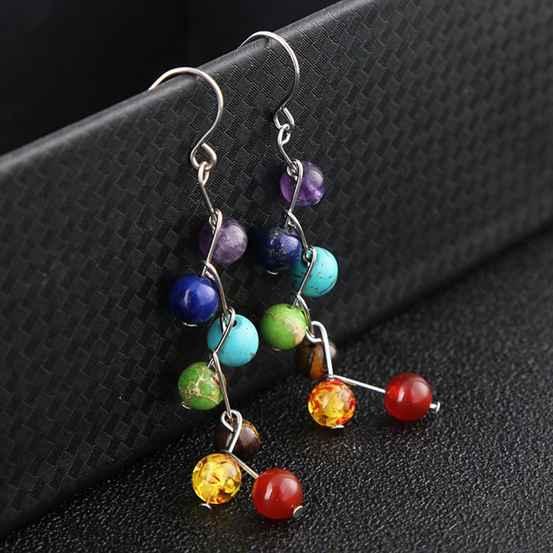 Новый Дизайн Природа Камень Серьги Красочные 7 Чакра Бисер Yoga Рейки Исцеление