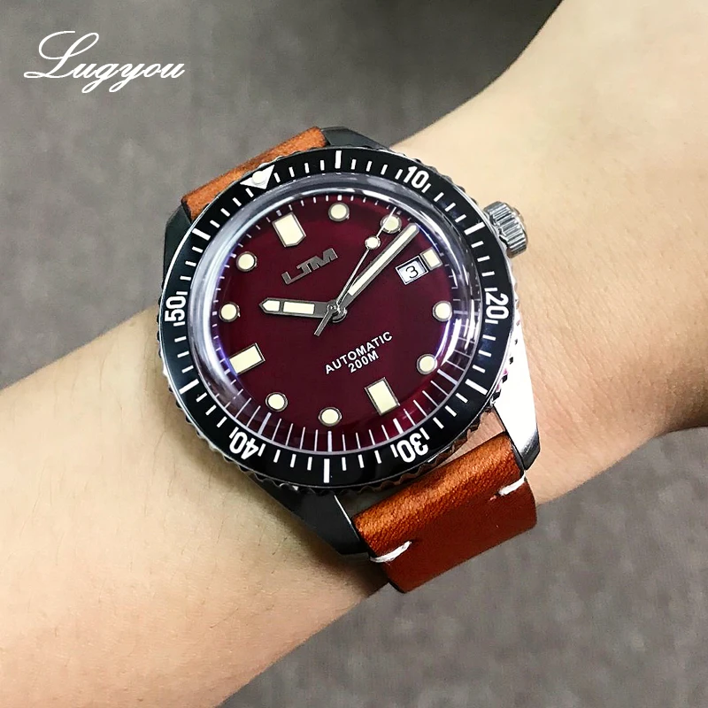 Lugyou San Martin Sea Master Diver Мужские часы Автоматические из нержавеющей стали сапфировое стекло 20 бар водонепроницаемый кожаный ремешок Дата