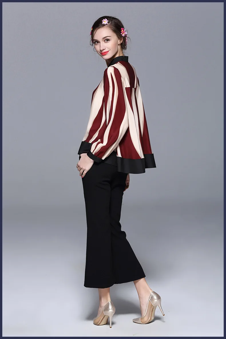 Hot sale spring summer new fashion women long sleeve silk shirt Lady stand collar striped blouse 100% Female loose |