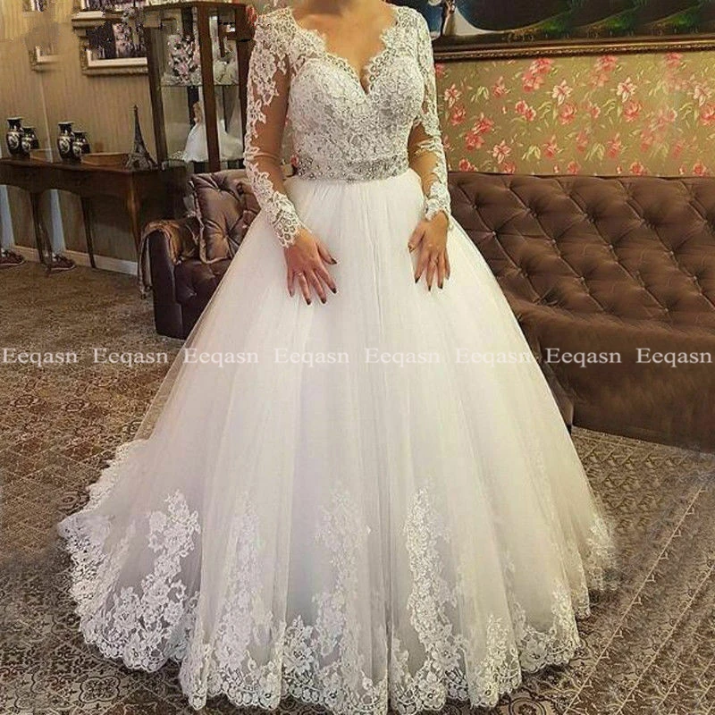 Vestido De Novia Новые свадебные платья с коротким шлейфом, с длинным рукавом, с v-образным вырезом, с кристаллами, с поясом, по индивидуальному заказу, платье для невесты из Саудовской Аравии длинное свадебное платье