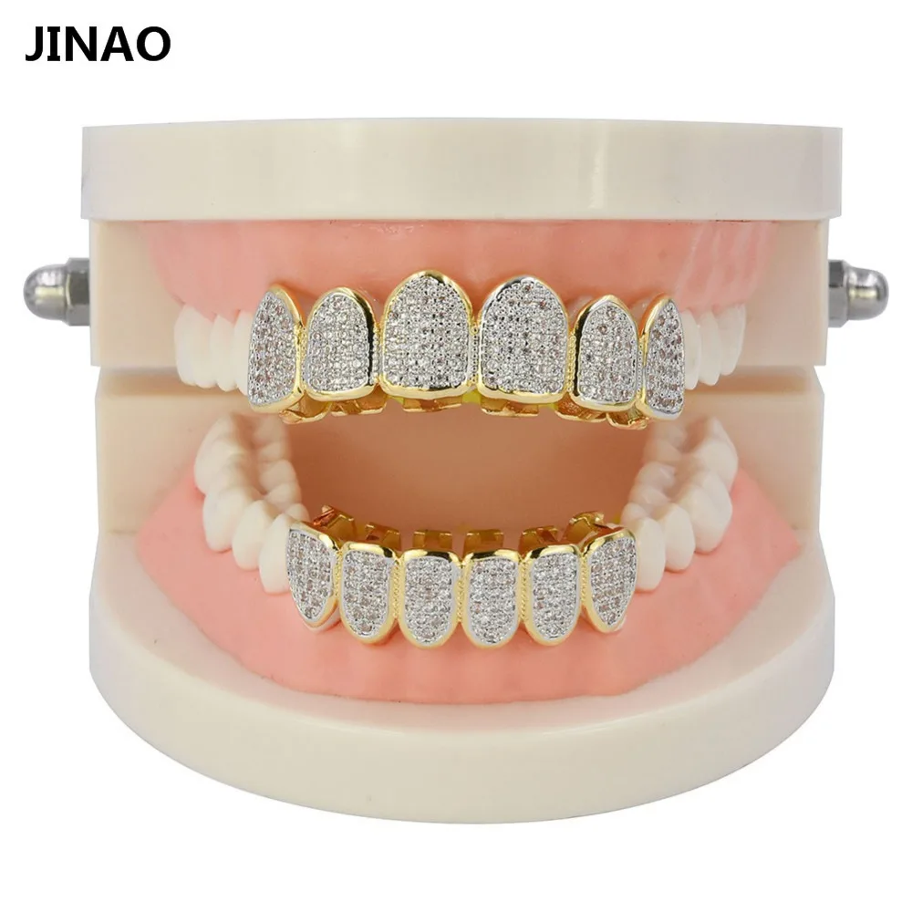 JINAO цвет чистого золота покрытые зубы Grillz все Iced Out эксклюзивный микро Pave CZ камень сверху и снизу для мужчин и женщин рот золотые гриллзы набор