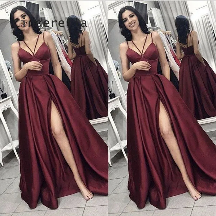 

Cinderella Burgundy Sweetheart Side Slit A-Line Floor Length Backless Satin Pleated Long Women Prom Dresses Party Gowns For Prom