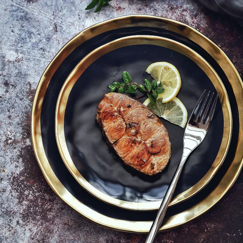 Ceramic Dishes Plates Creative Gold Side Black Matte Steak Dessert Tray Kitchen Dinner European Style Retro Tableware | Дом и сад
