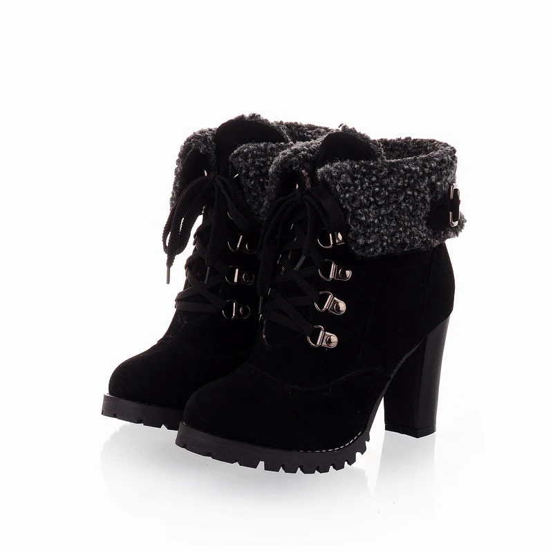 Женские ботильоны на толстом высоком каблуке со шнуровкой и мехом внутри|shoes fashion