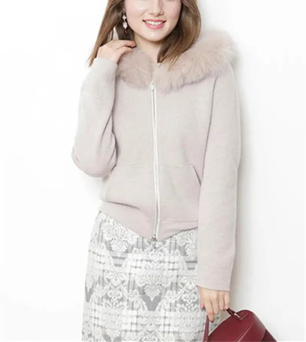 classic real fox fur hooded collar women fashion zip-up sweatshirts coat wool rabbit hair blend knitted one size