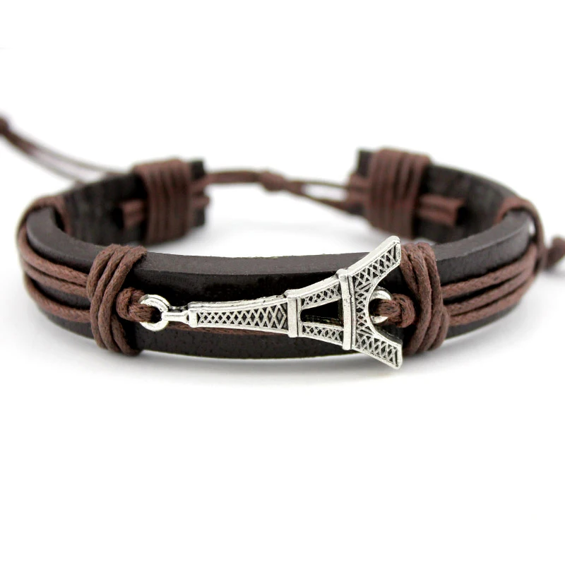 Браслет унисекс кожаный со звездами Эйфелевой башней и бантом|leather bracelet women|leather