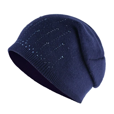 Повседневные вязаные шапки из кроличьей шерсти, женские шапки skullies, зимние шапки для девочек, мигающие бриллианты, двухслойная женская шапка gorros - Цвет: Синий