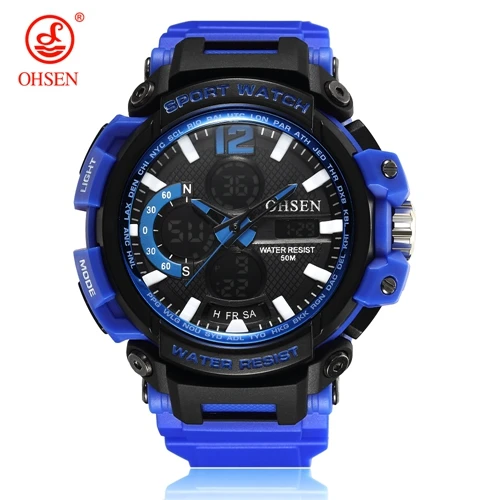 Blue OHSEN, модные кварцевые цифровые часы для мужчин, lcd, день, дата, секундомер, для плавания, военные, спортивные часы, для мужчин, резиновый ремешок, наручные часы, мужские Relogios - Цвет: Blue