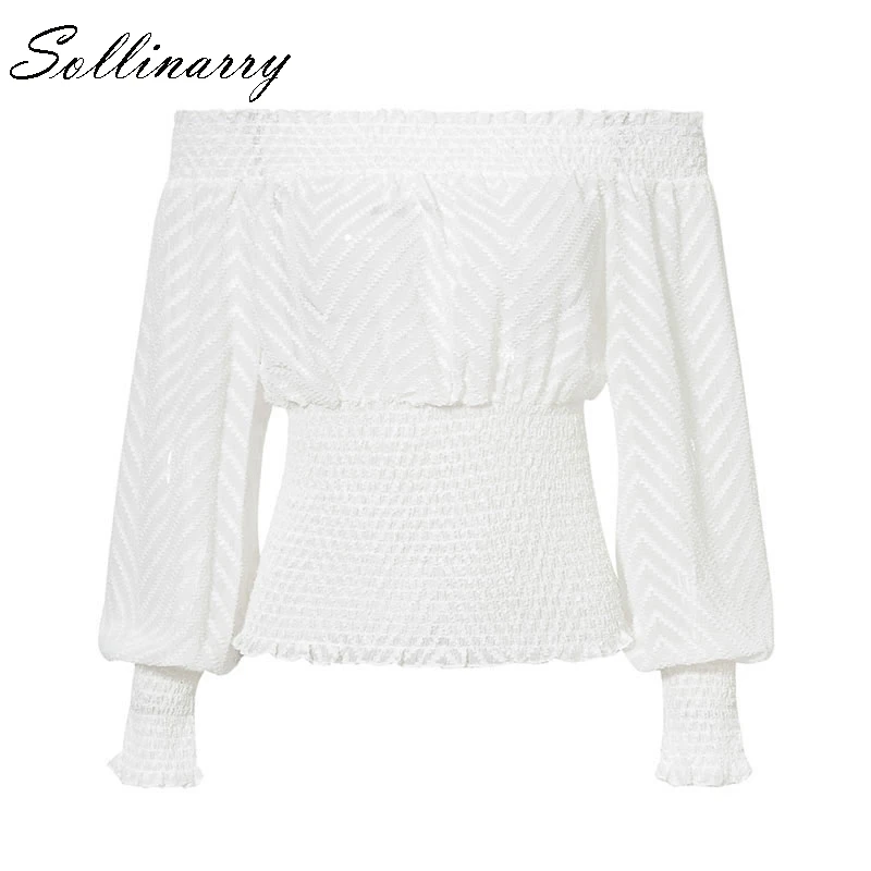 Белый Sollinarry Feminine женский топ и блузки с длинным рукавом Boho бандажные рубашки элегантные женские осенне-зимние сетчатые Блузы с открытыми плечами - Цвет: Белый