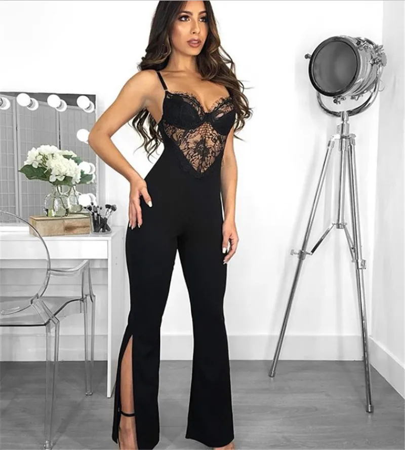 New Arrival Luxury Sexy Strap V-Neck Lace Slitted Women Bandage jumpsuits Night Party Jumpsuits