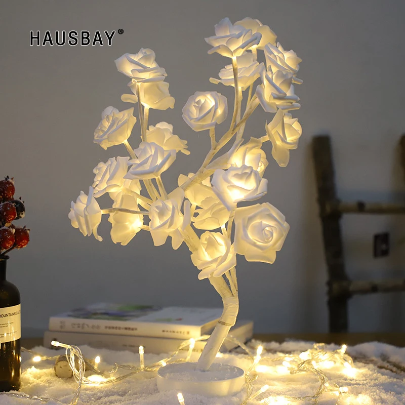 24 шт. LED белый розовый цветок розы прикроватная спальня ночник настольная лампа