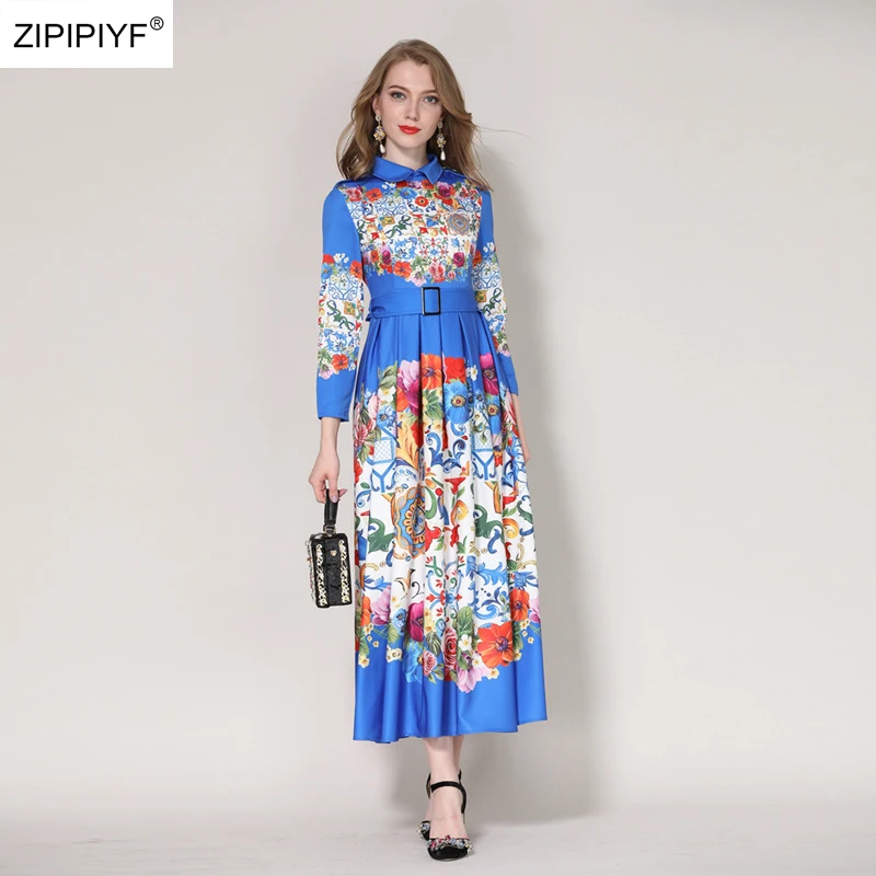 Women Vintage Casual A-Line Dresses Wrist Sleeve 2018 Fashion Floral Print Turn-down Collar Belt Summer Ankle-Length Dress W1082 | Женская