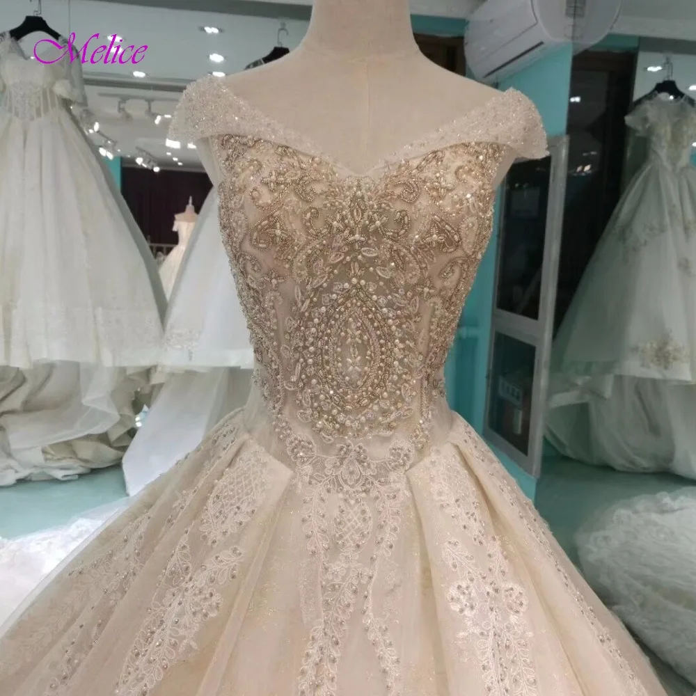 Melice Vestido de Noiva Свадебные платья принцессы с v образным вырезом и жемчугом 2019 рукава