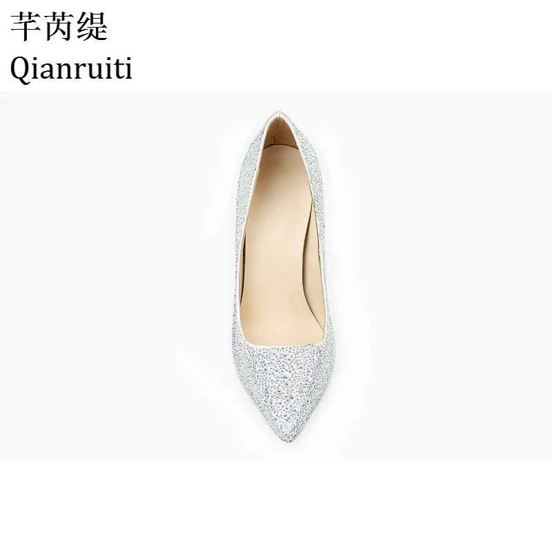 Qianruiti/серебристые женские туфли на высоком каблуке украшенные стразами