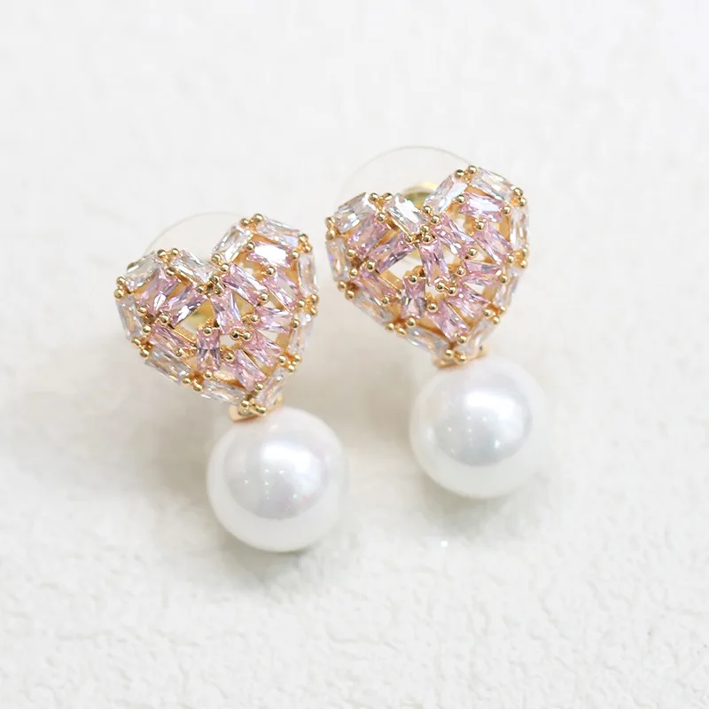 Inlaid stone powder White Heart Love Earrings 925 silver needle imitation pearl | Украшения и аксессуары