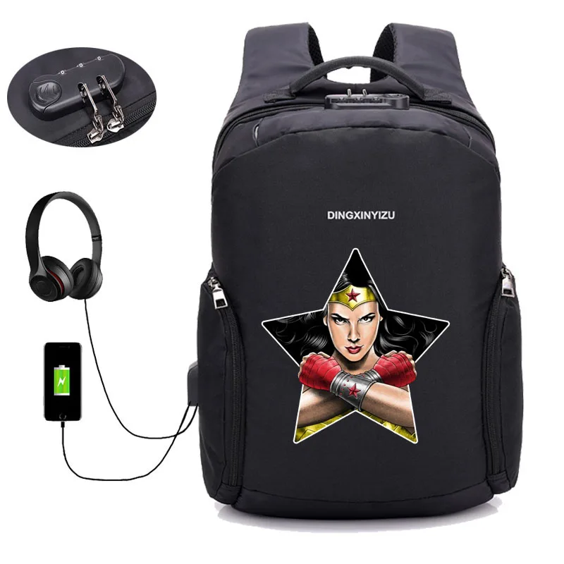 Comics Wonder Woman рюкзак с защитой от кражи с Usb зарядкой для ноутбука унисекс рюкзак водонепроницаемая дорожная сумка 12 стиль - Цвет: 07
