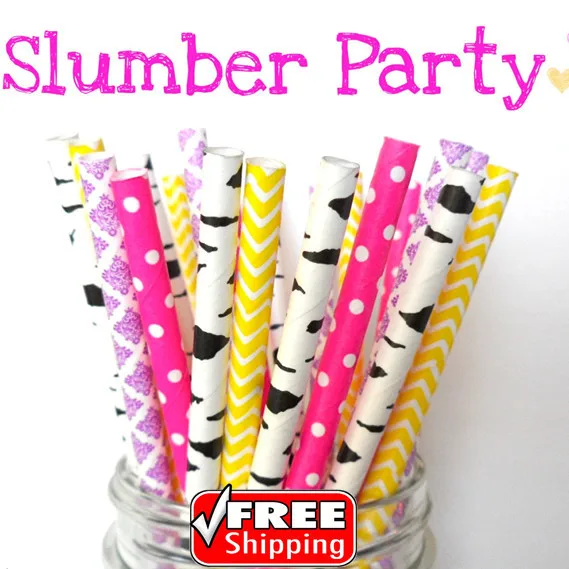 

200 Pcs Mix 4 Designs Slumber Party Themed Paper Straws-Dot,Birch,Damask,Chevron-Deep Pink,Purple,Yellow,Black-Zebra,Retro,Bulk