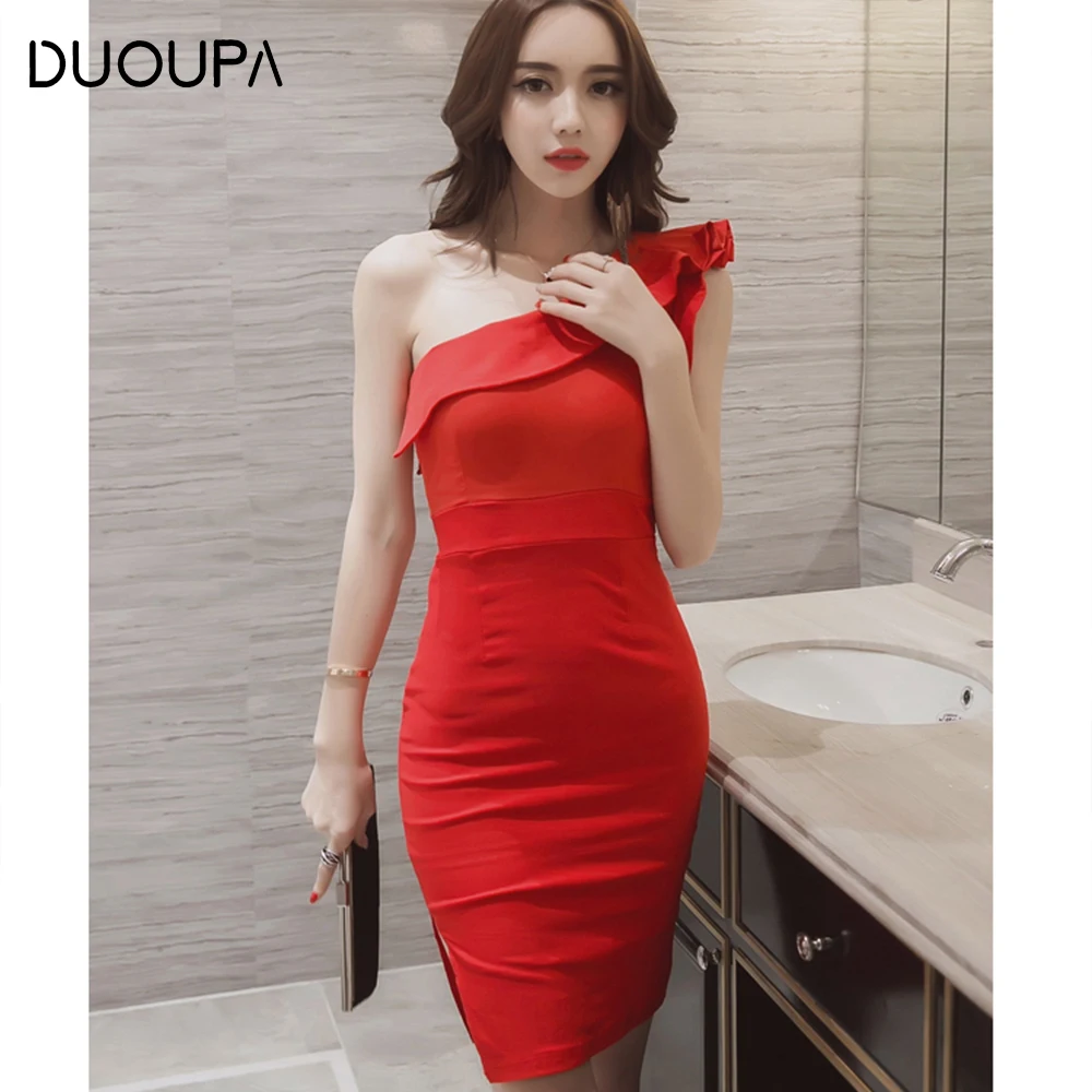 

DUOUPA Bodycon Bandage Dress Women Vestidos Verano 2019 Summer Sexy Elegant Red Black One Shoulder Midi Celebrity Party Dresses