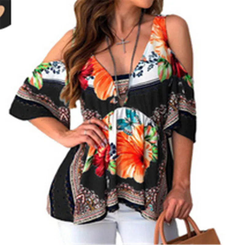 2019 Boho Женская летняя Цветочная рубашка топы с длинным рукавом Цыганская Пляжная