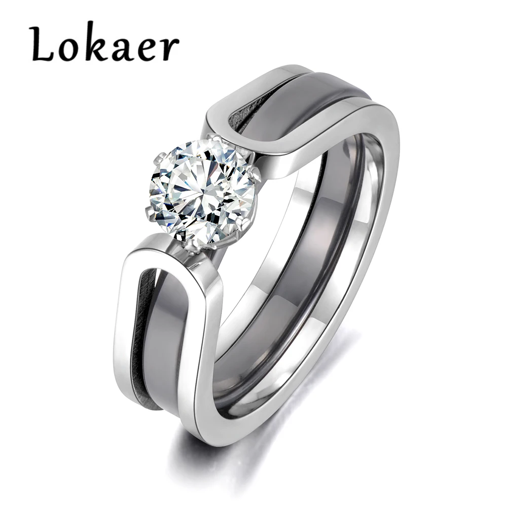 Lokaer 2 слоя черный/белый керамический Кристалл обручальные кольца ювелирные изделия AAA циркон Нержавеющая сталь Стразы для помолвки R18071