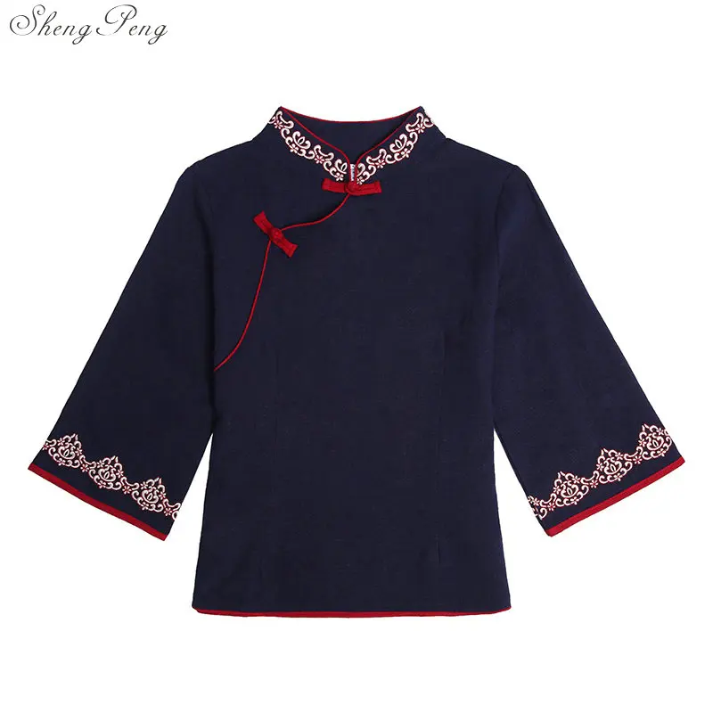 Новинка весна лето народный стиль Женская Ретро Вышивка Cheongsam Топ рубашка Китайская одежда V1441