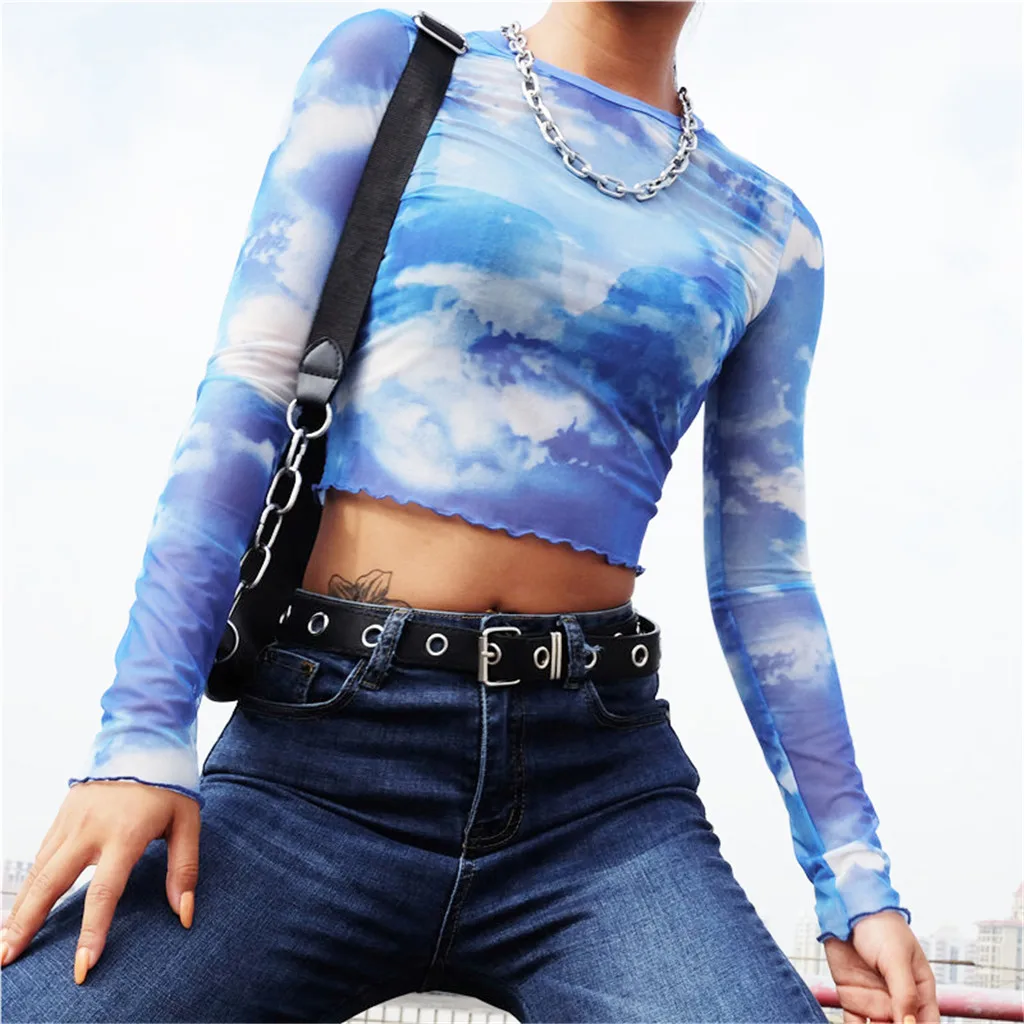 New arrival t shirt women Sexy O-Neck Long Sleeve Blue Sky Clouds Print Net Yarn Short Top tshirt super quality camiseta mujer | Женская