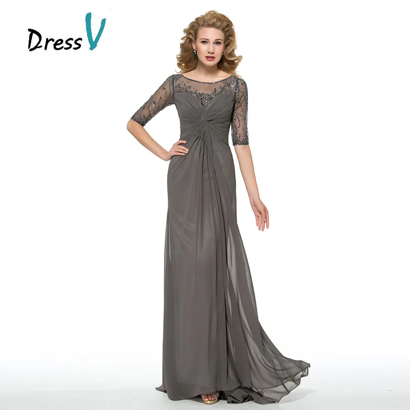 

Dressv Half Sleeves Gray Mother Of The Bride Dresses Customized Beaded Ruched Composite Silk Chiffon Mother Long Evening Gown