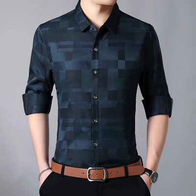 dark blue MIACAWOR, новинка, Весенняя Мужская рубашка, хлопок, Бизнес Стиль, повседневные рубашки, мужская приталенная рубашка, длинный рукав, Camisa Masculina C449 - Цвет: dark blue