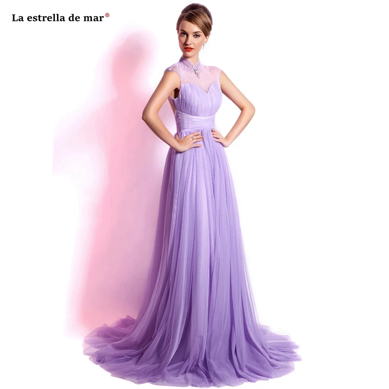 Vestidos para boda invitadas21019 Новое Тюлевое Кристальное платье с высоким вырезом сзади ТРАПЕЦИЕВИДНОЕ лиловое платье подружки невесты длинное платье brautjungfernkleid