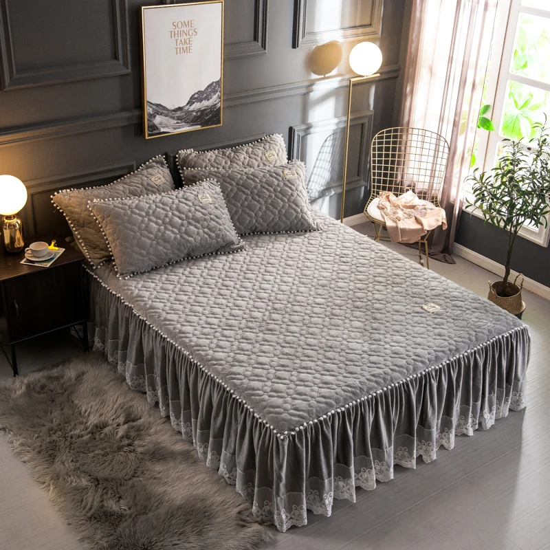 Russian size 160X200cm Plush Warm Bedskirt Bed set Flannel Fleece Quilted Ruffled Lace Girls with Small White Ball cover | Дом и сад