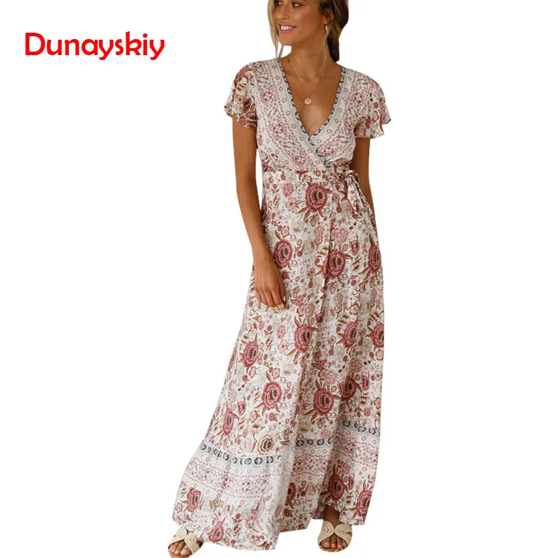 

New Popular 2021 Summer Women V-neck Short Sleeve Boho Bohemian Floral Print High Split Beach Long Dress Wrap Maxi Dresses