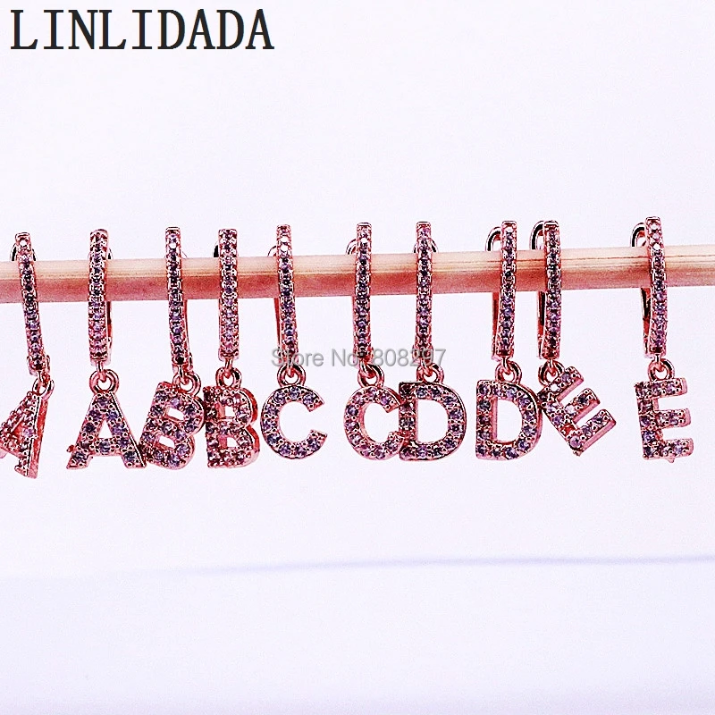 

10 пар, трендовые серьги с алфавитом 26 букв для женщин, розовое золото, цвет микро проложенный Фианит, висячие серьги, подарок для женщин, ювел...