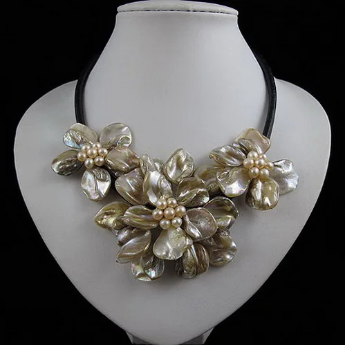 white shell flower Уникальный жемчуг ювелирный магазин, голубой цвет в виде ракушки настоящая пресноводная жемчужина черный Веревка Кожа цепочки и ожерелья ручной работы цветок ювелирны - Цвет камня: white shell flower