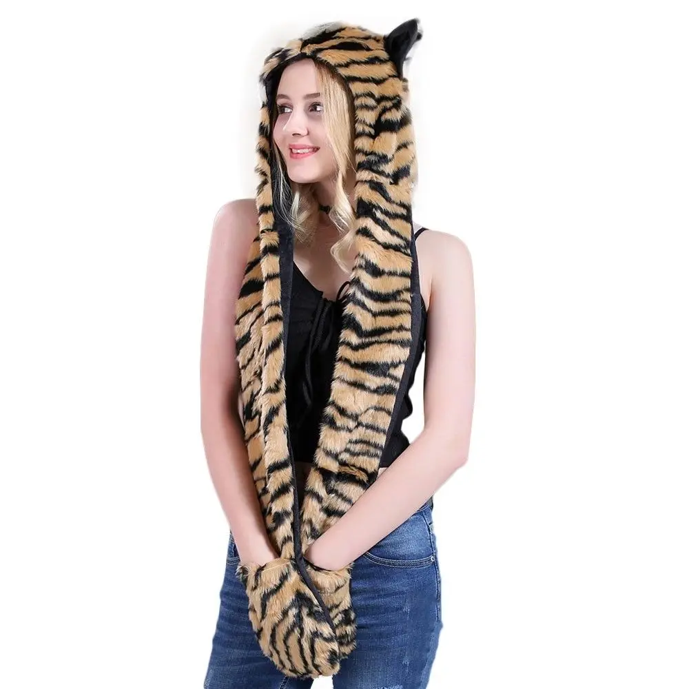 Tiger Шапка из искусственного меха с капюшоном с изображением животных из мультфильма; шапка с шарфом; варежки; уши и лапы; 3 в 1; Теплая Шапка; костюм; реквизит; подарок - Цвет: Tiger