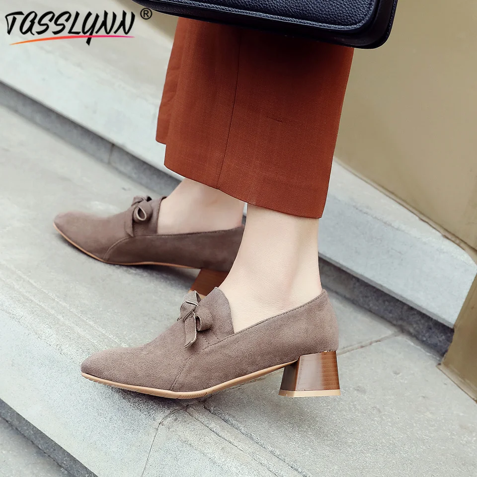 Taslynn/весенние свадебные туфли женские лодочки из флока на квадратном каблуке с