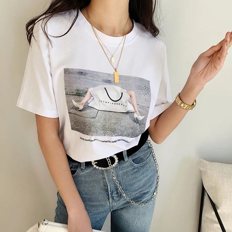 Модная Уличная Повседневная футболка 019 новый для женщин белый хлопок с коротким