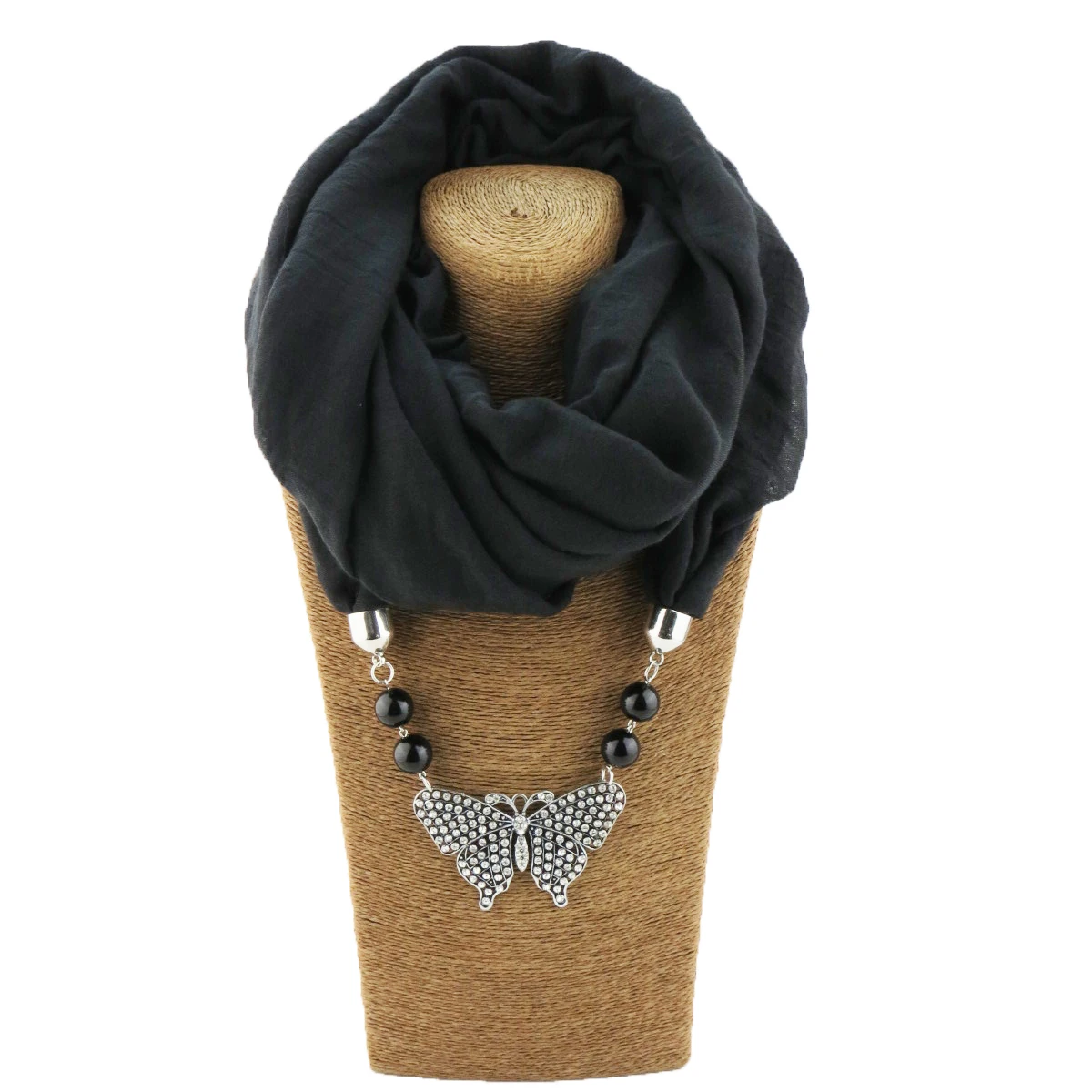 Solid color chiffon hijab handkerchief small fresh butterfly with beads pendant ladies scarf jewelry free shipping |