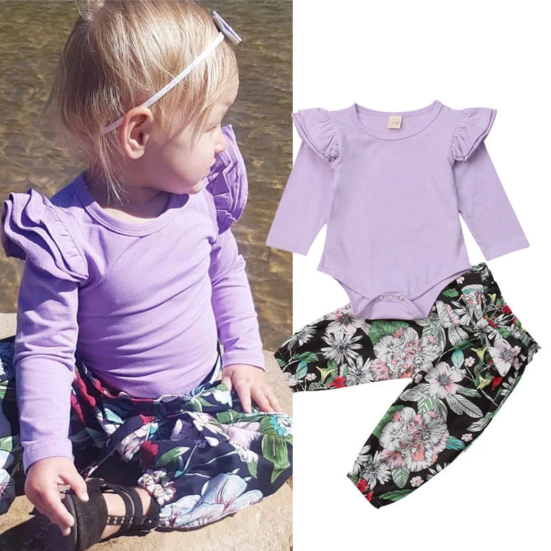Autumn/Winter Baby Girls Elegant Clothes Set Ruffle Purple Tops Romper Jumpsuit+Flower Bow Pants Toddler Girl Outfit |