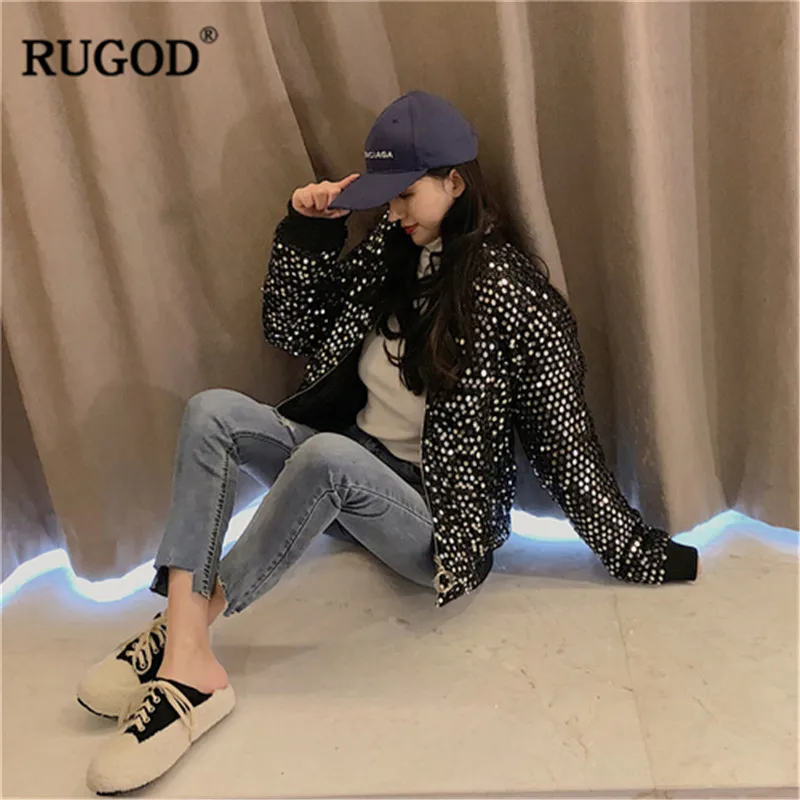 RUGOD корейский для женщин куртки и пальто мода бейсбол воротник блестками женский