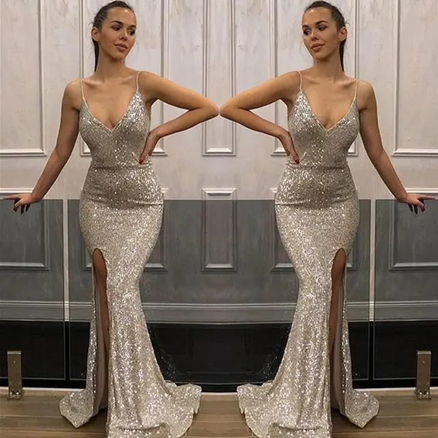 Потрясающее серебряное вечернее длинное платье русалки сексуальное с разрезом