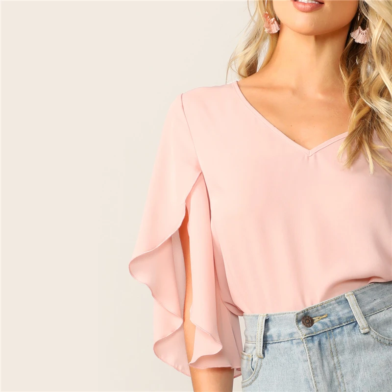 Sheinside, Розовые пастельные повседневные женские топы и блузки с разрезом, рукав-колокол, однотонный топ,, v-образный вырез, половина рукава, женская летняя блузка