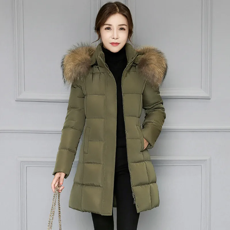TEAEGG Meduim Long Jacket Women Coat Cotton Hat Removable Manteau Femme Faux Fur Collar Parkas Winter Clothing AL67 | Женская одежда